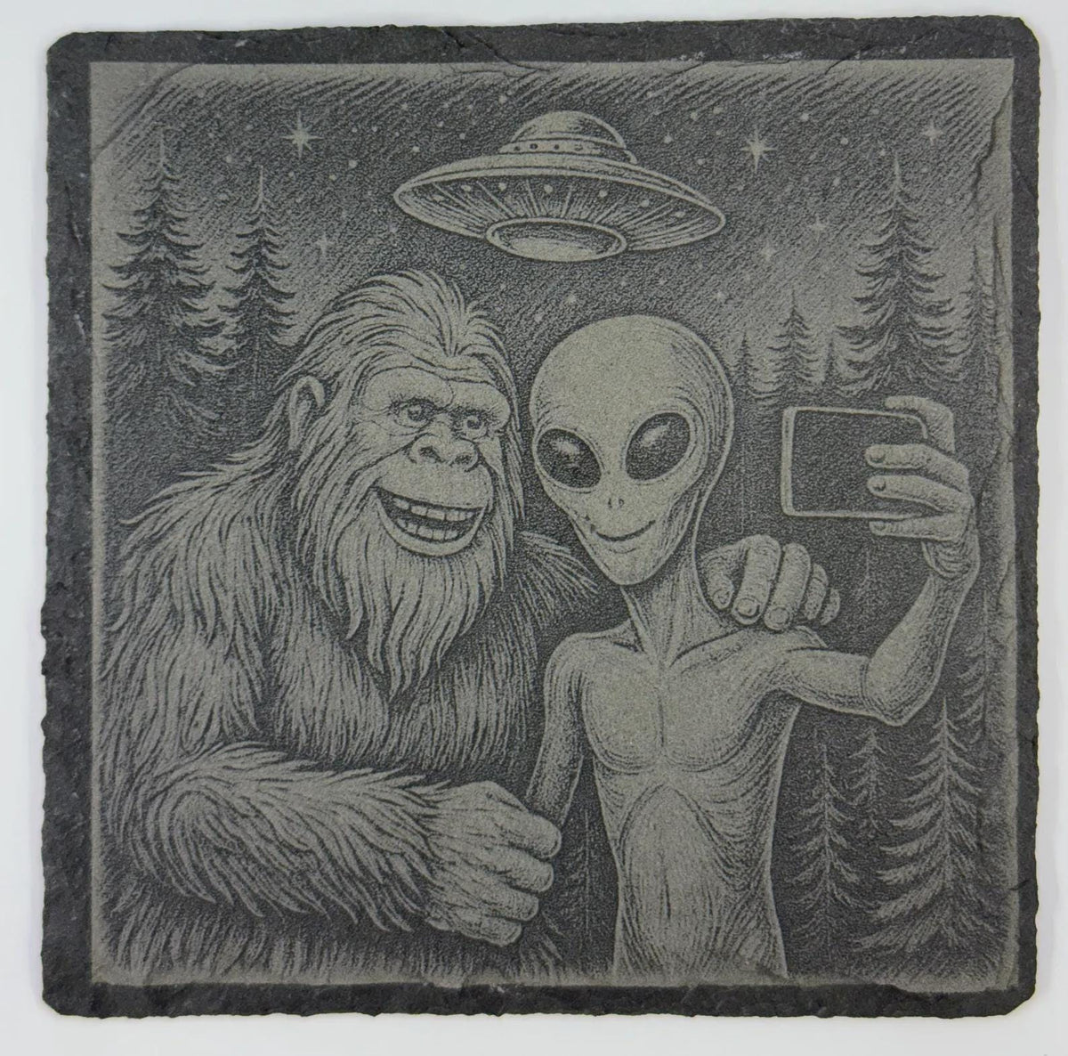 Bigfoot and Alien Selfie – Pacific Northwest Slate Coaster