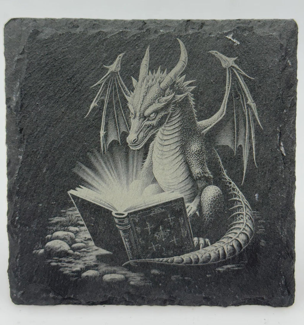 Dragon Reading Spellbook Slate Coaster – Fantasy Wizard Dragon