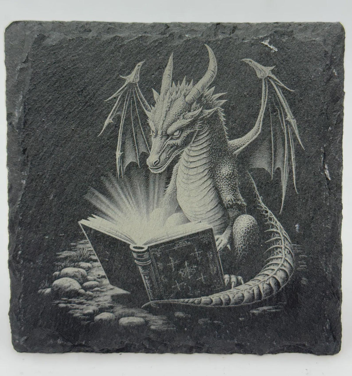 Dragon Reading Spellbook Slate Coaster – Fantasy Wizard Dragon