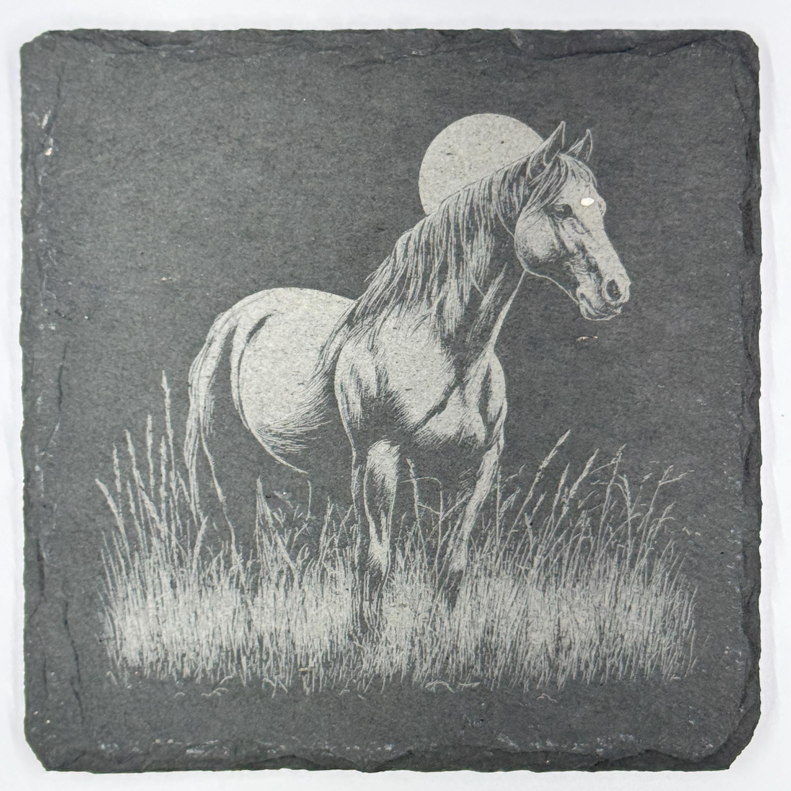 Peaceful Horse Slate Coaster – Moonlit Field Art