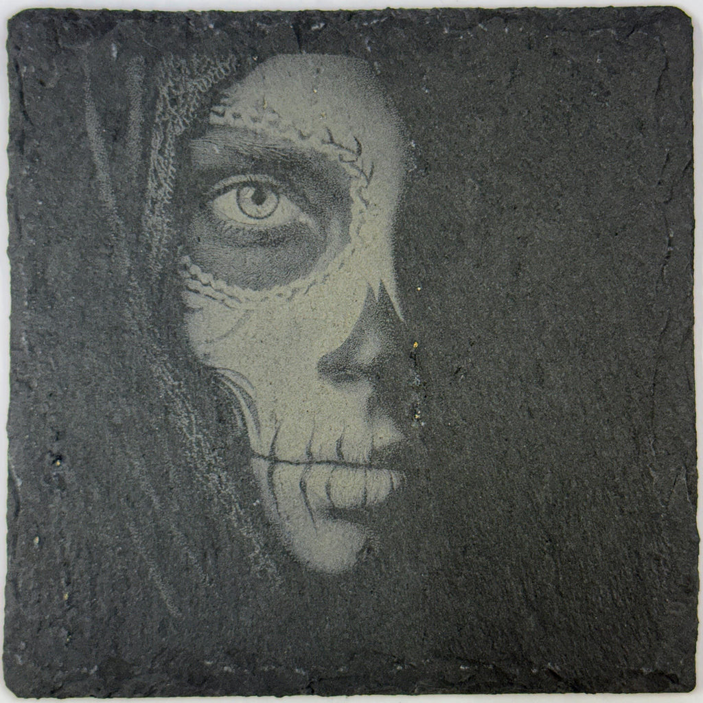 Skull Face Paint Slate Coaster – Gothic Makeup Portrait Art