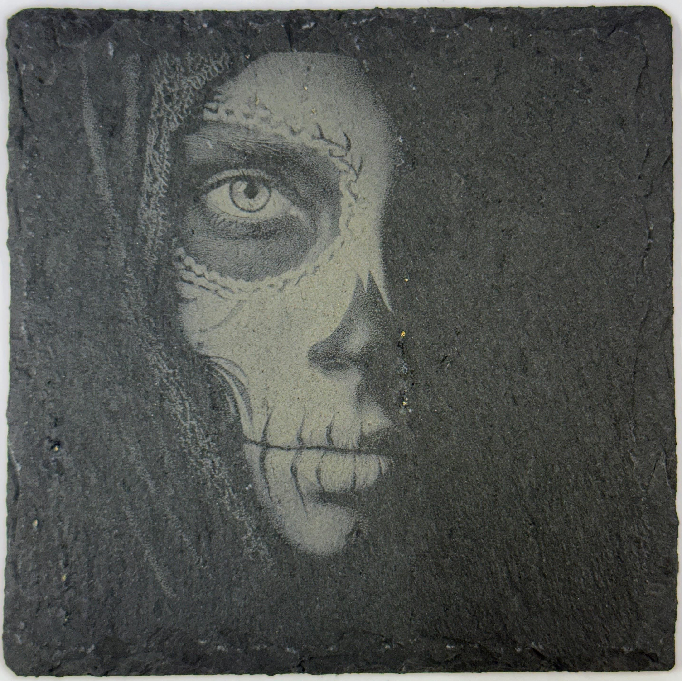 Skull Face Paint Slate Coaster – Gothic Makeup Portrait Art