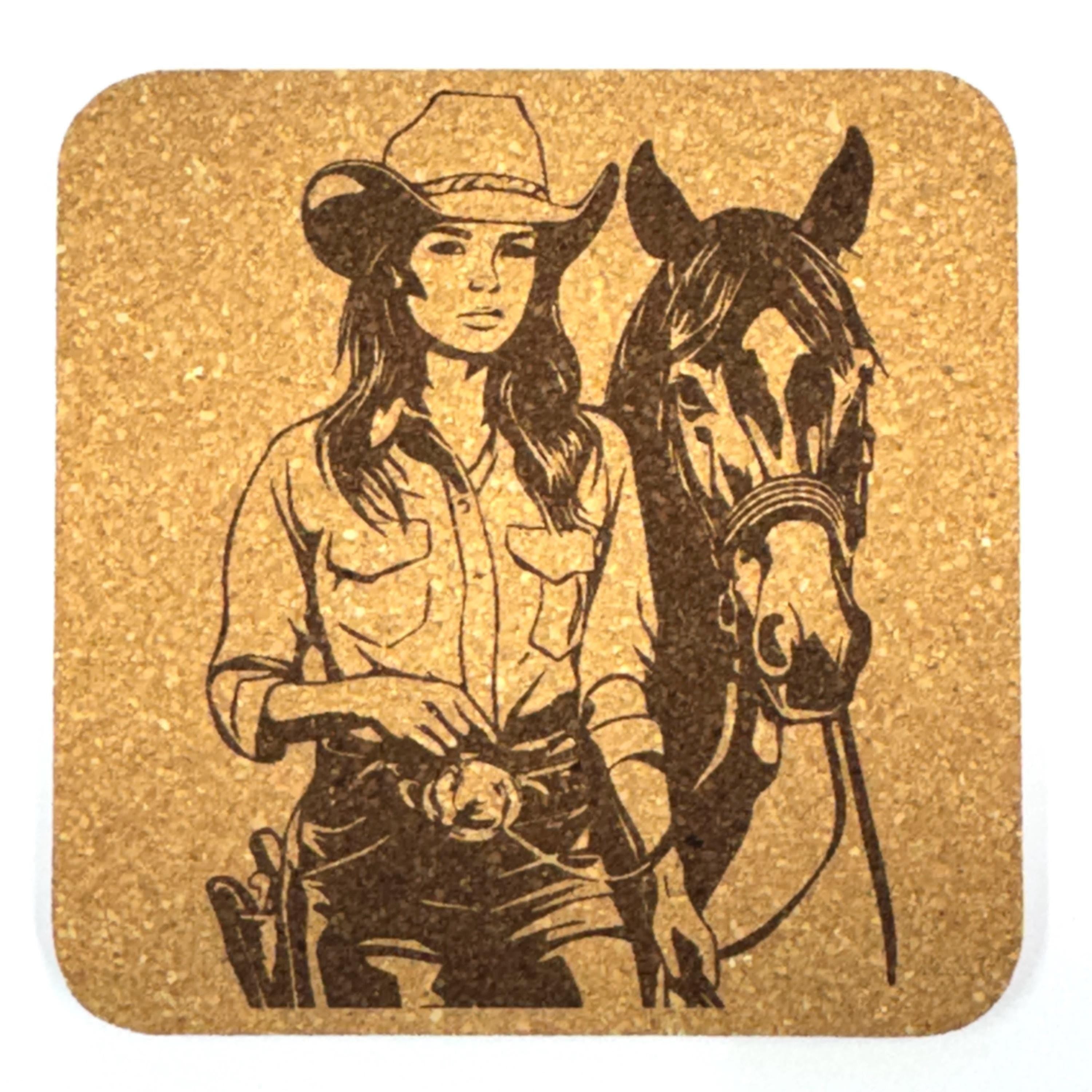 Cowgirl & Horse Cork Coaster – Rustic Western Horse Lover Gift Decor