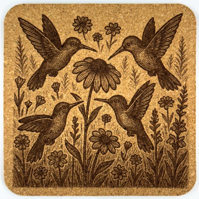 Antique-Style Hummingbird Engraving Cork Coaster – Garden Scene