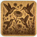 Antique-Style Hummingbird Engraving Cork Coaster – Garden Scene
