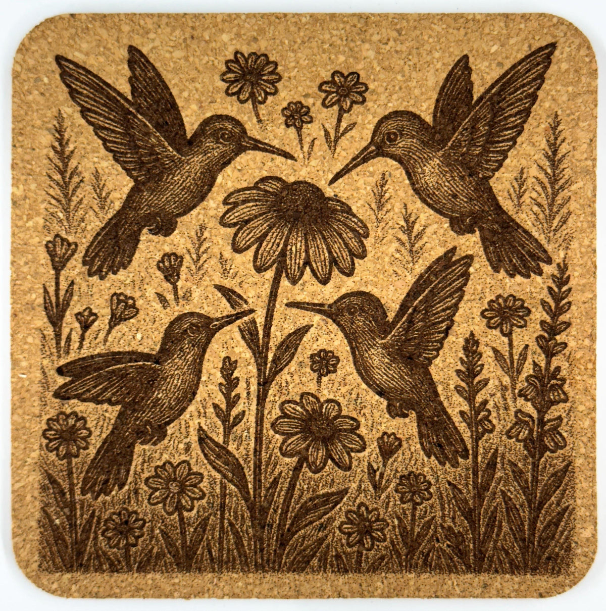 Antique-Style Hummingbird Engraving Cork Coaster – Garden Scene