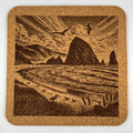 Oregon Coast Haystack Rock Coaster – Engraved Cork Drink Coaster with Coastal Seascape