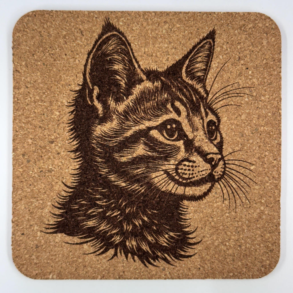 Curious Cat Profile – Engraved Cork Coaster