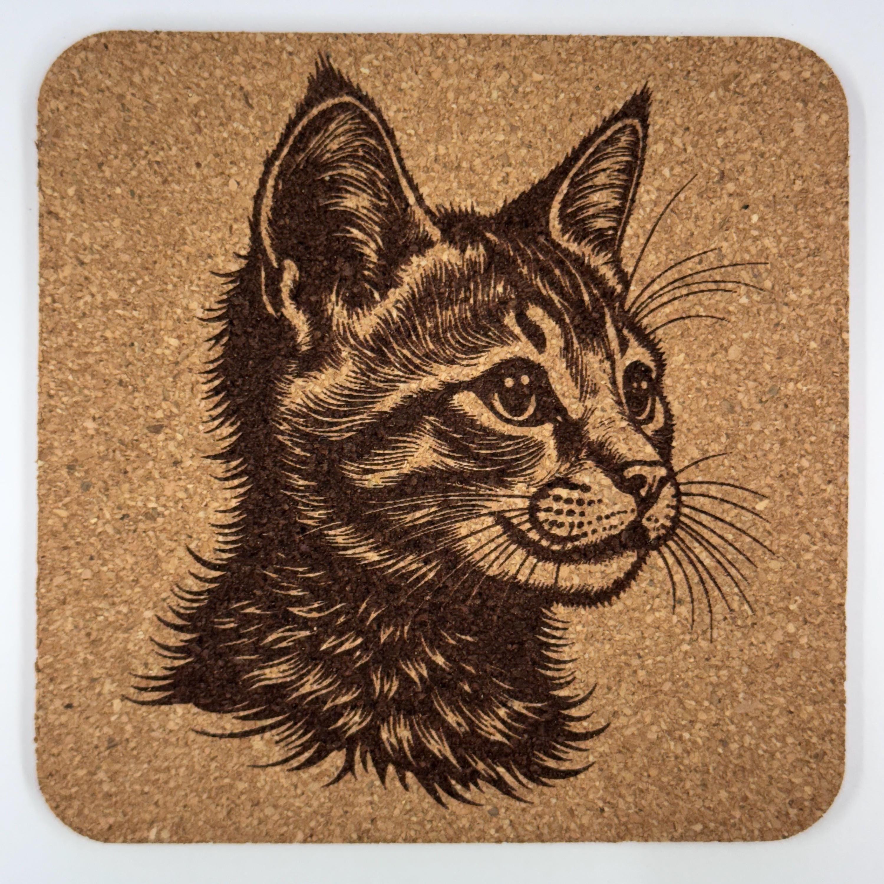 Curious Cat Profile – Engraved Cork Coaster