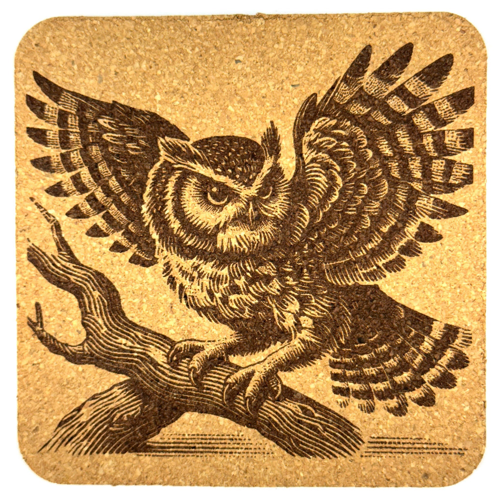 Antique-Style Owl Engraving Cork Coaster – Classic Nature Art