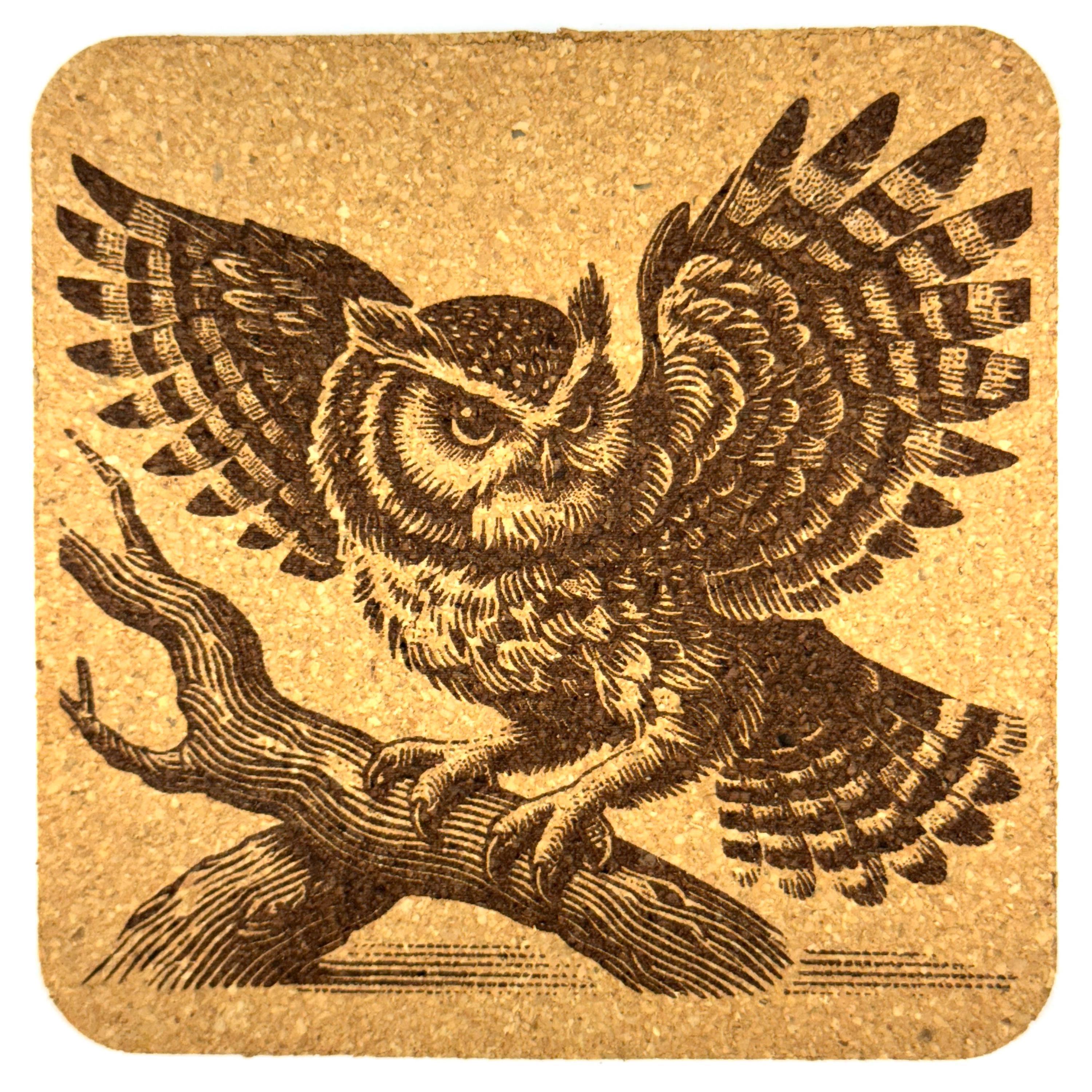 Antique-Style Owl Engraving Cork Coaster – Classic Nature Art