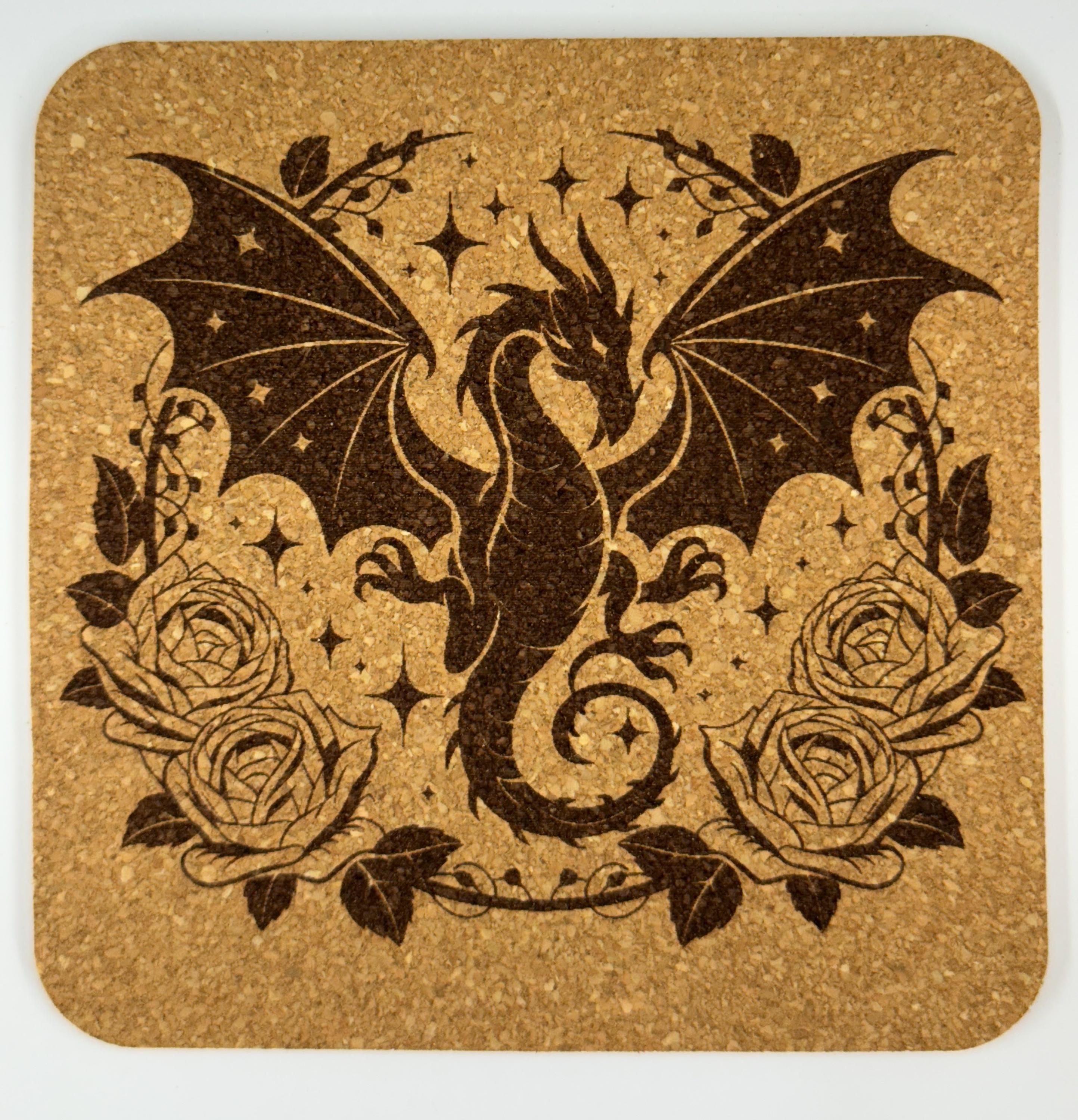 Rose-Crowned Dragon with Wings Spread – Fantasy Cork Coaster