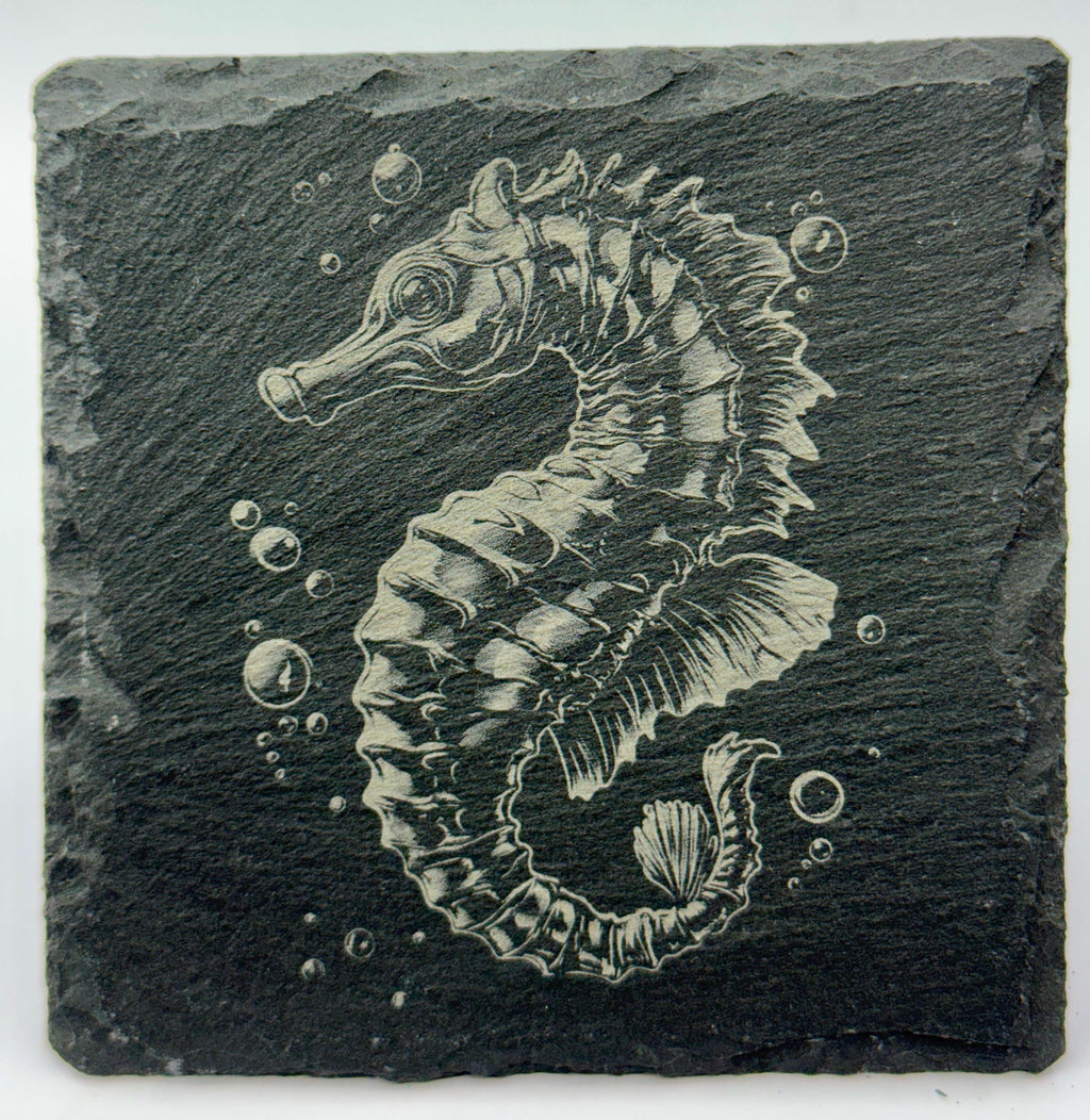 Elegant Seahorse Slate Coaster – Graceful Ocean Engraved Stone