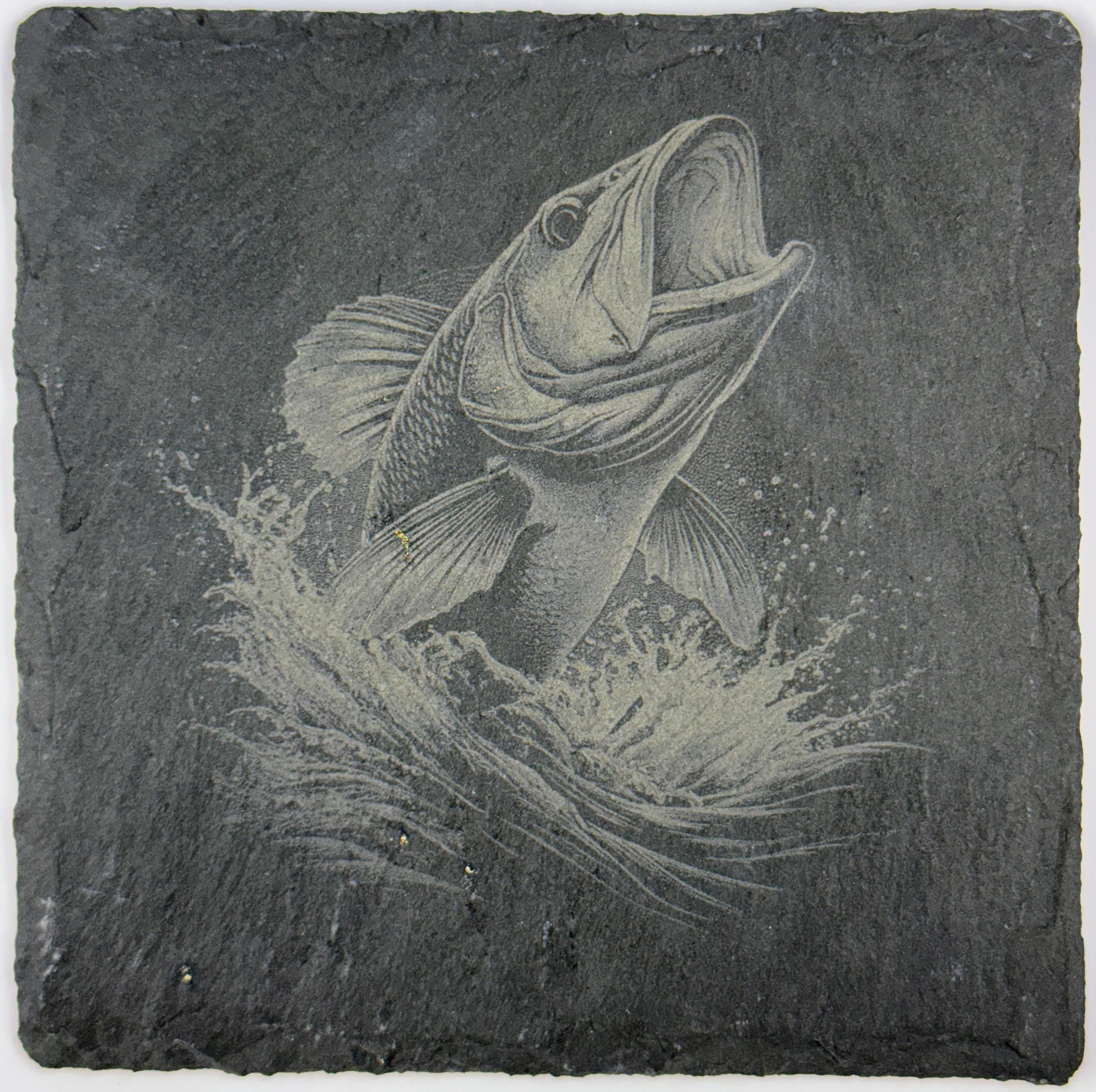 Action Fish Slate Coaster – Dynamic Fishing Engraved Stone
