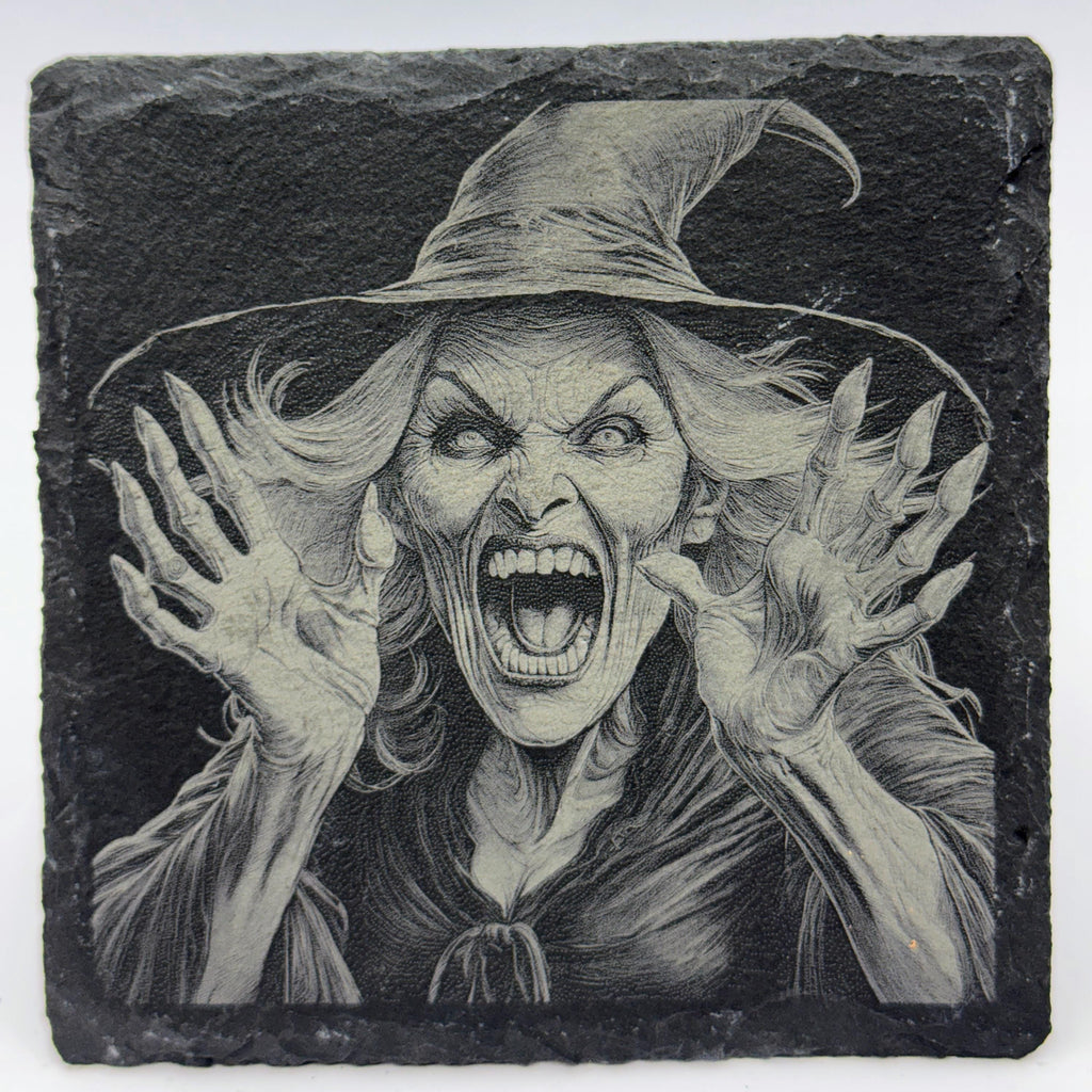 Snarling Hatred Witch – Laser Engraved Slate Coaster