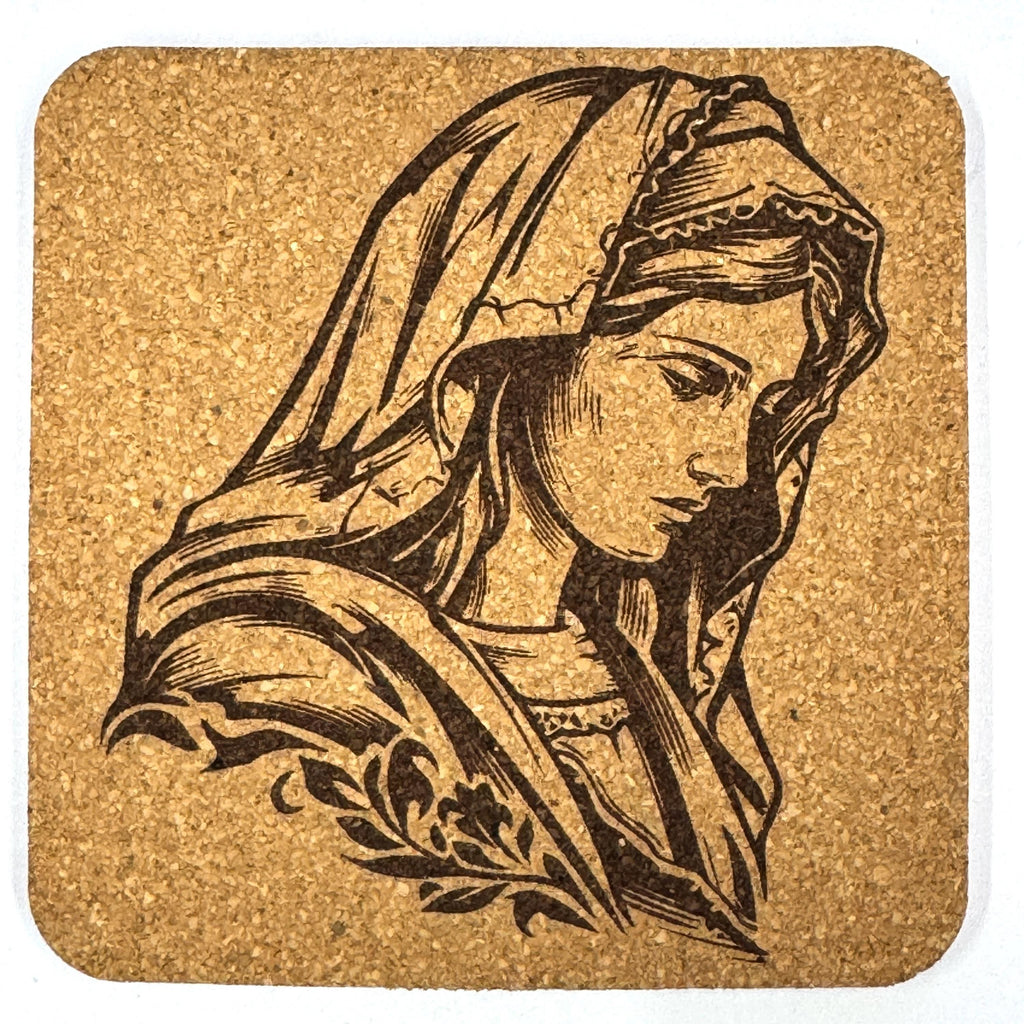 Virgin Mary Portrait Coaster, Catholic Engraved Cork Coaster Faith Inspired Design