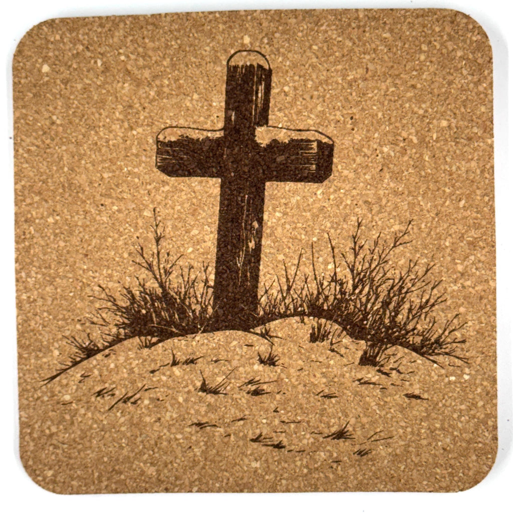 Hilltop and Snow Covered Cross Laser Engraved Cork Coaster