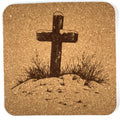 Hilltop and Snow Covered Cross Laser Engraved Cork Coaster