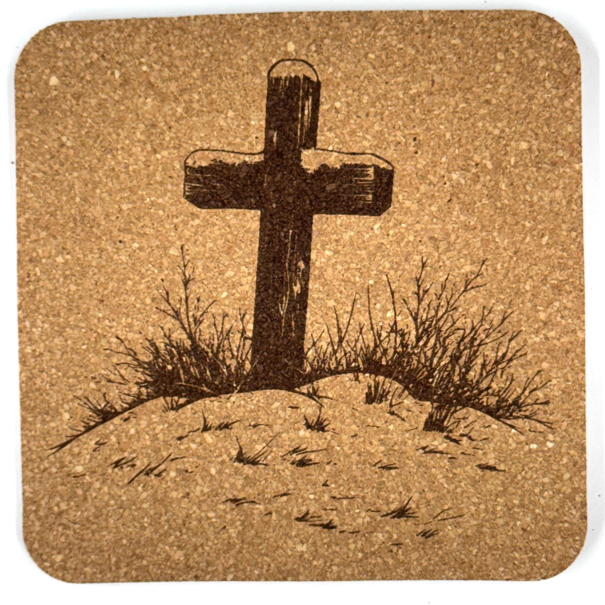 Hilltop and Snow Covered Cross Laser Engraved Cork Coaster