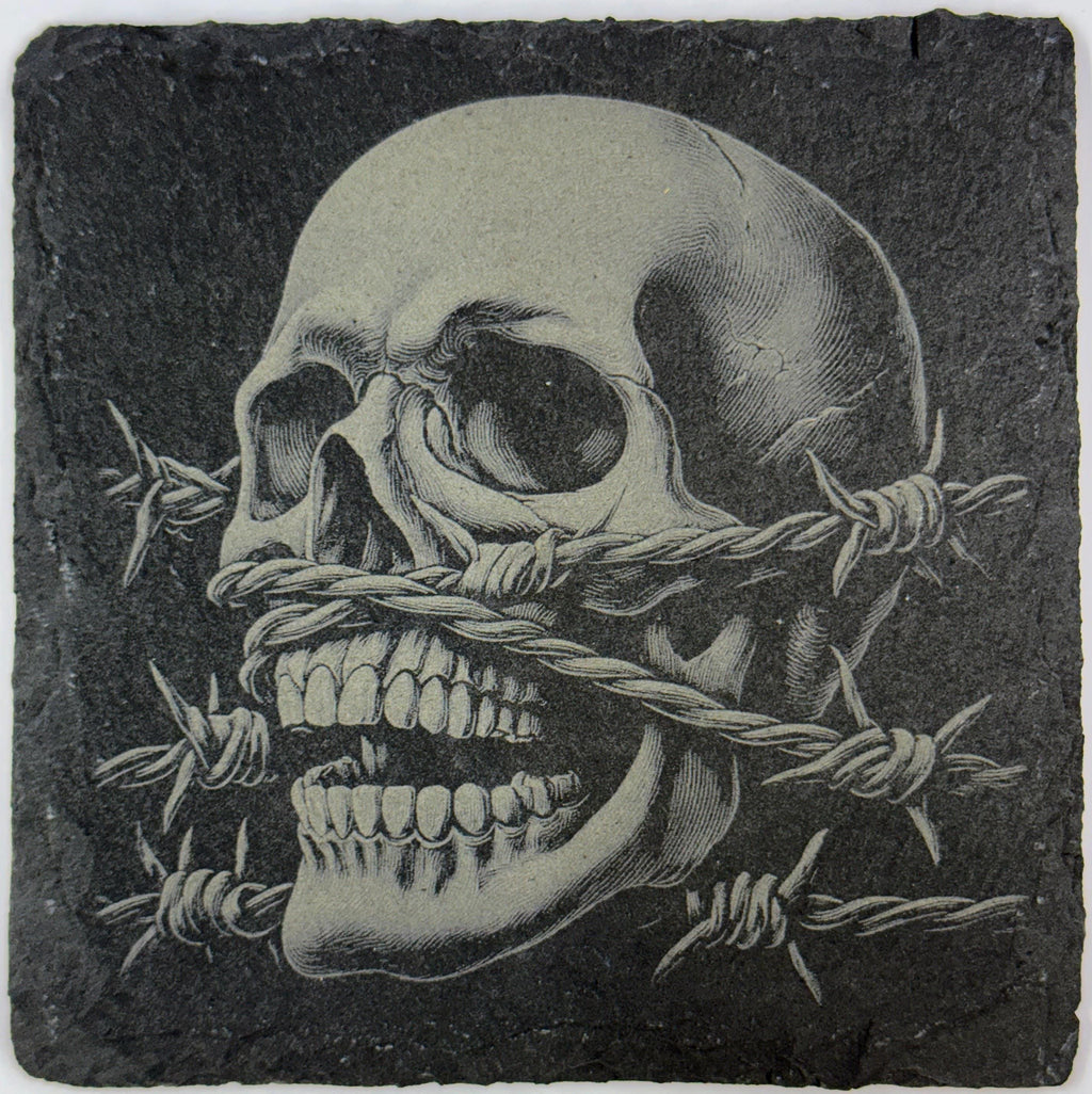 Barbed Wire Skull Slate Coaster – Dark Gothic Art