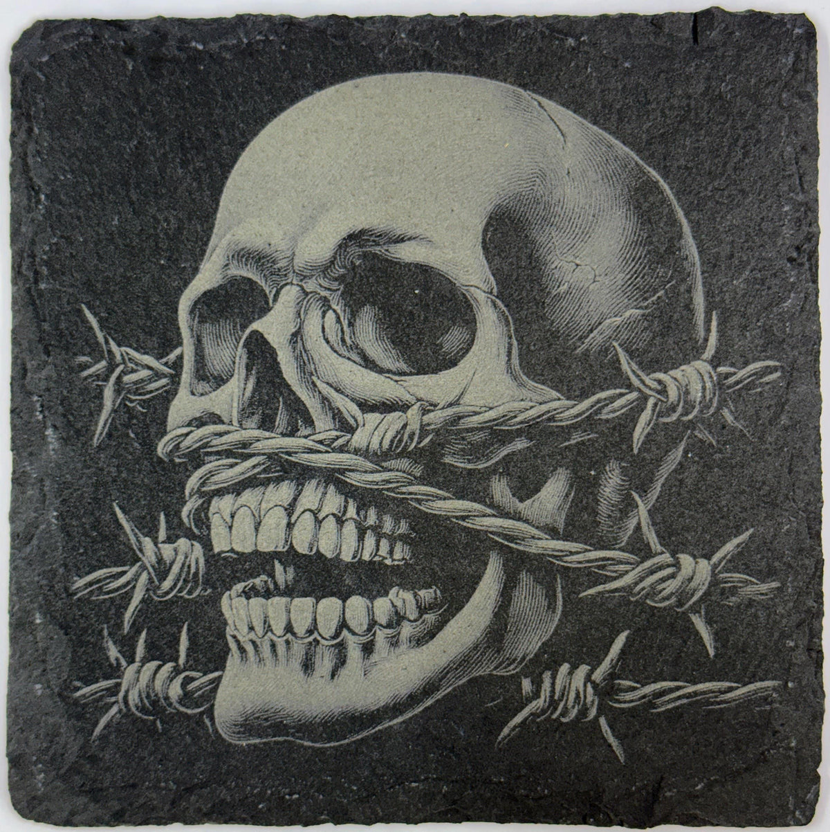 Barbed Wire Skull Slate Coaster – Dark Gothic Art