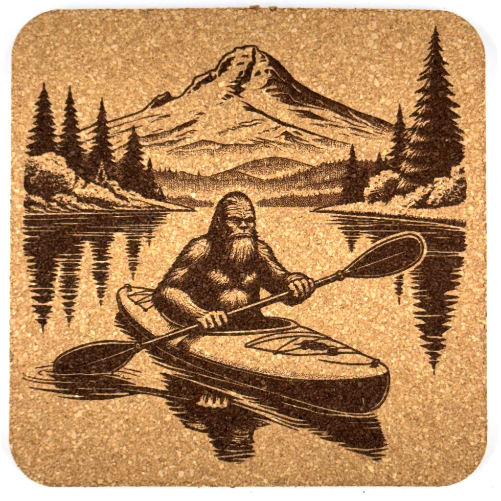 Bigfoot Kayaking Mountain Lake – Outdoor Adventure Cork Coaster