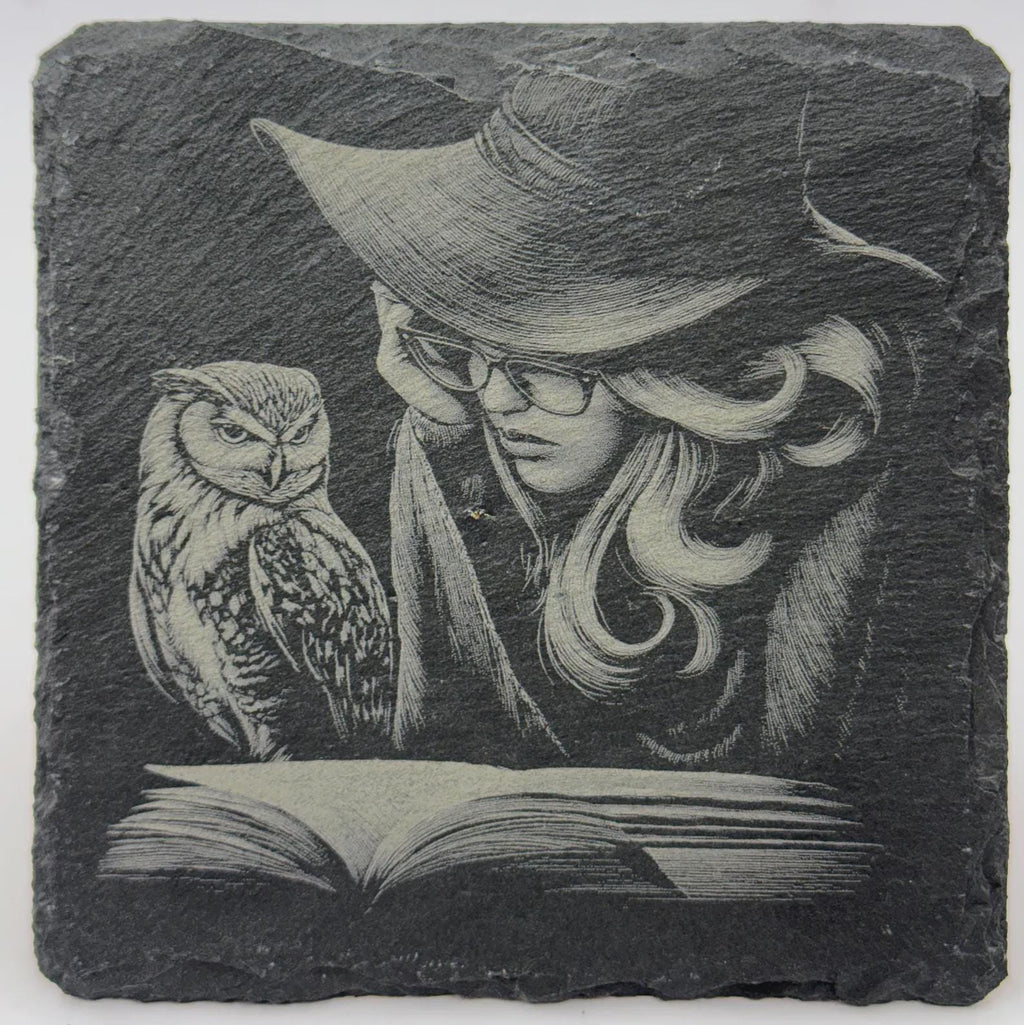 Witch Reading by Candlelight – Laser Engraved Slate Coaster