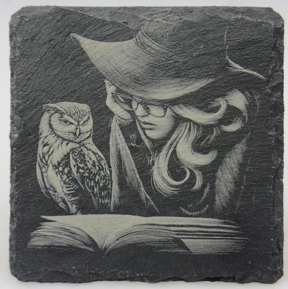 Witch Reading by Candlelight – Laser Engraved Slate Coaster
