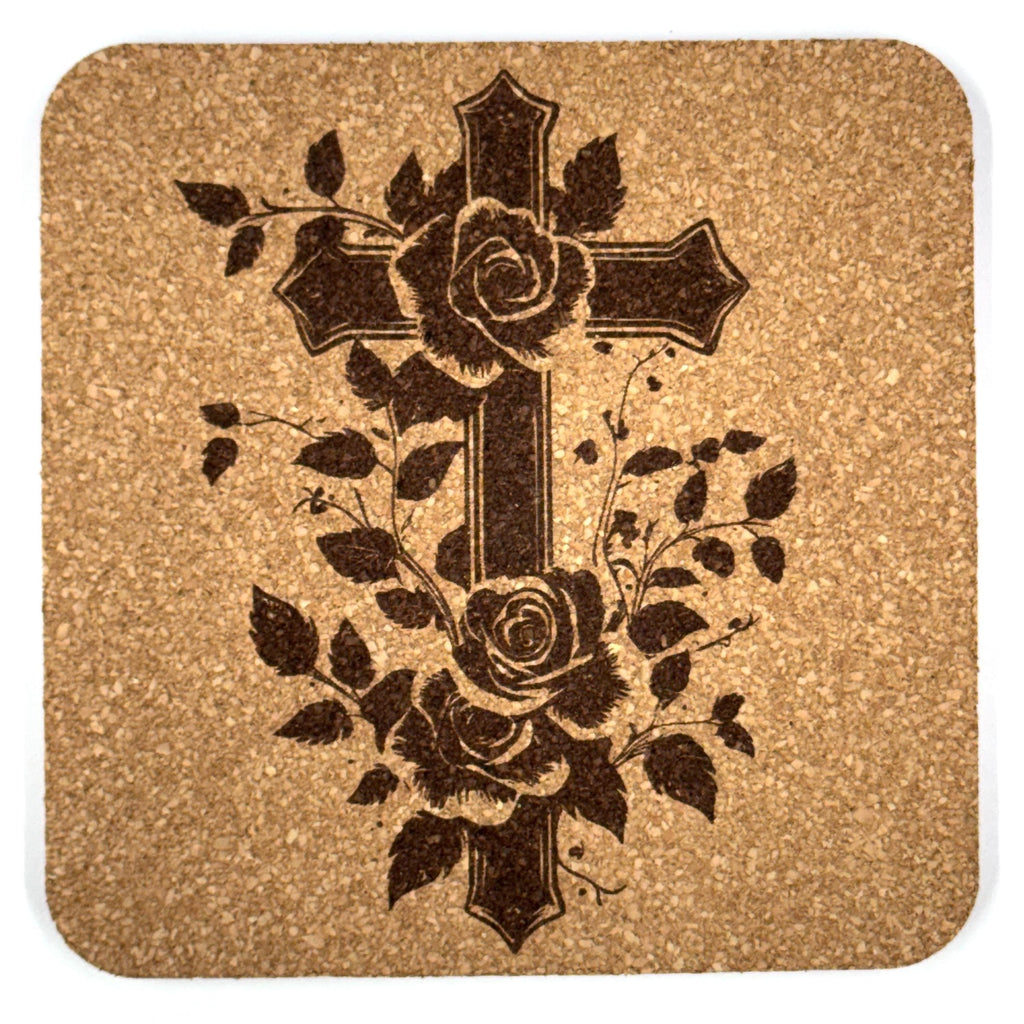 Floral Rose Cross Laser Engraved Cork Coaster