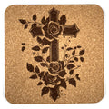 Floral Rose Cross Laser Engraved Cork Coaster