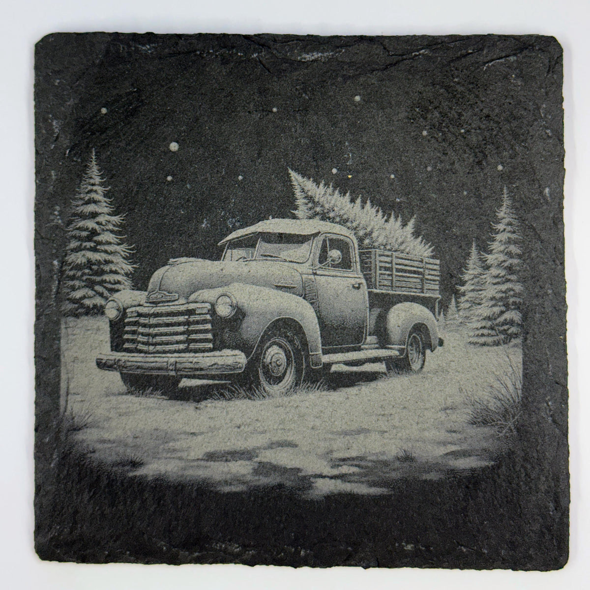 Christmas Tree Farm Truck Slate Coaster – Rustic Winter Holiday Art