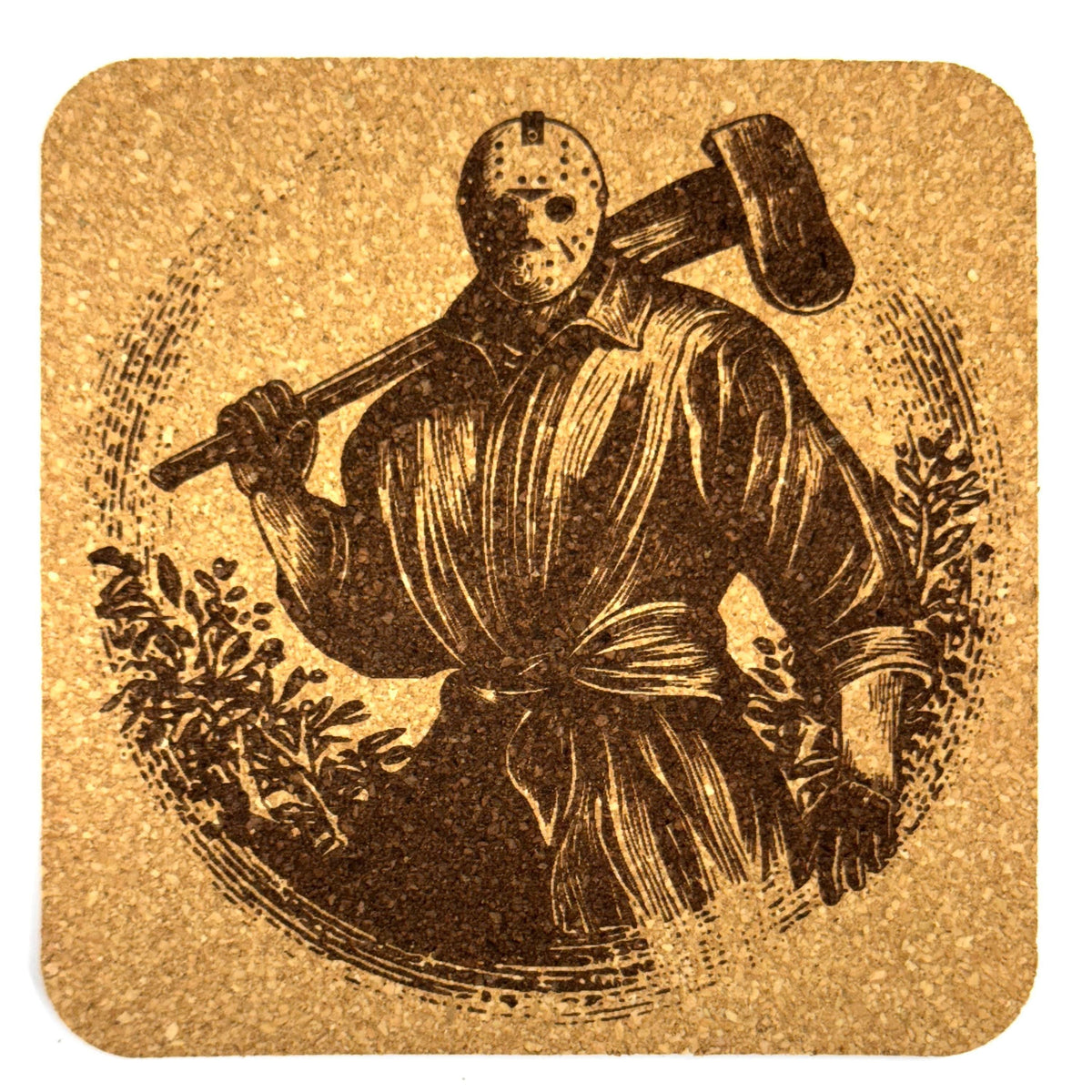 Hockey Mask Slasher Horror Movie Style Cork Coaster – Spooky Bar Decor Gift