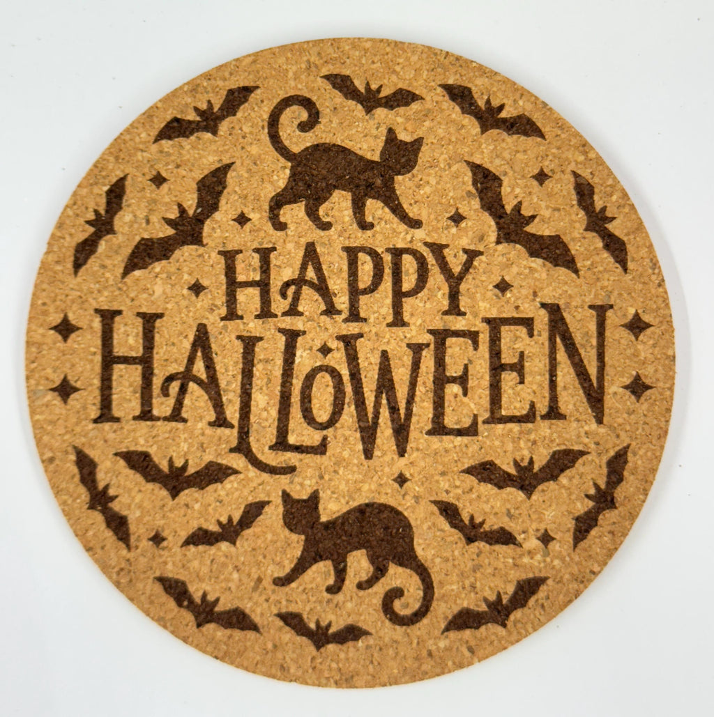 Happy Halloween Black Cat Cork Coaster Spooky Decor