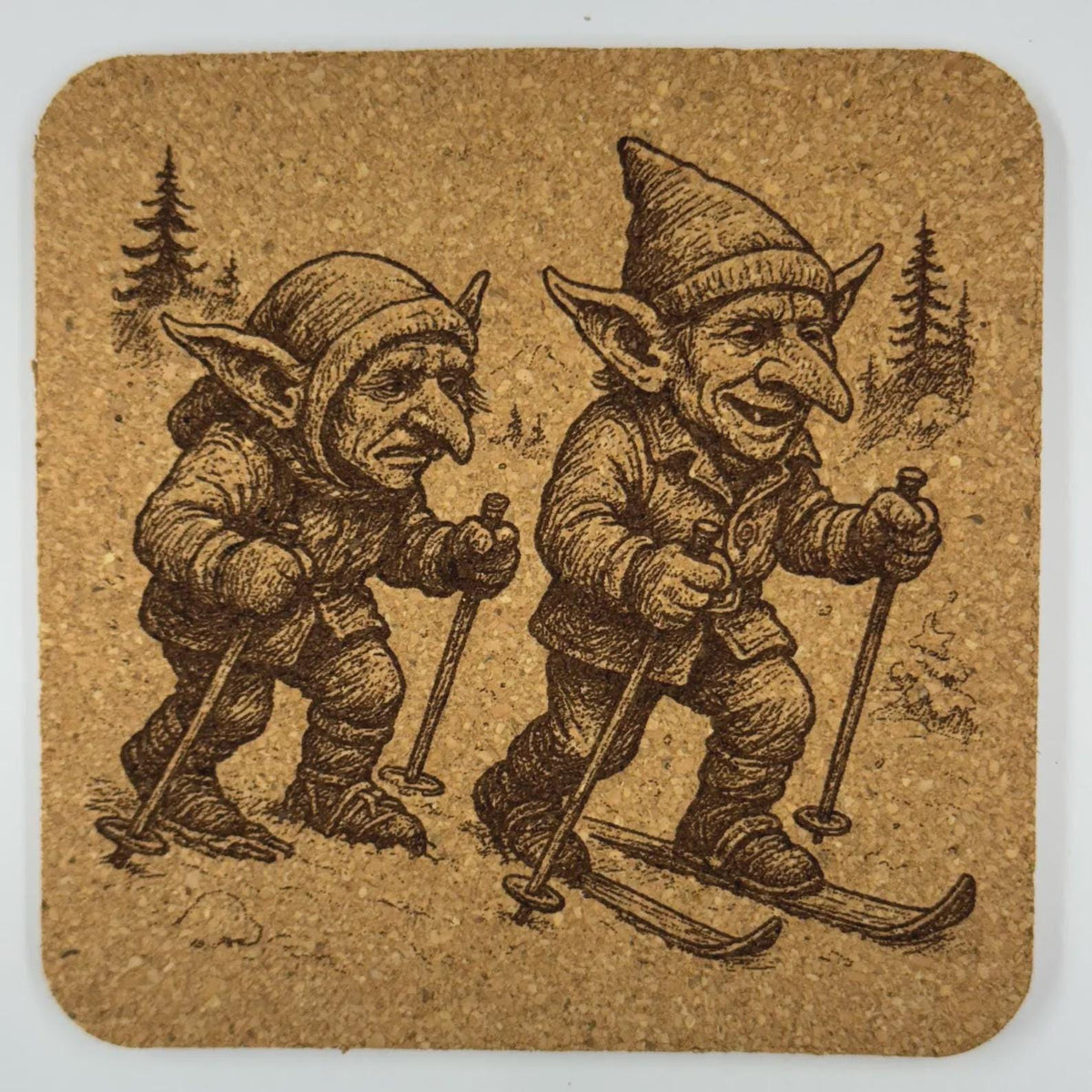 Skiing Goblins Cork Coaster – Whimsical Winter Fantasy Art