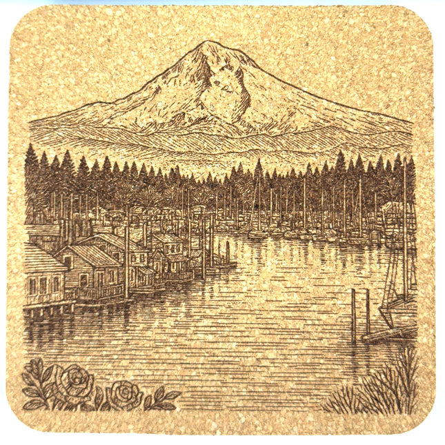 Lakeside Mountain Town Cork Coaster – Northwest Waterfront Scene