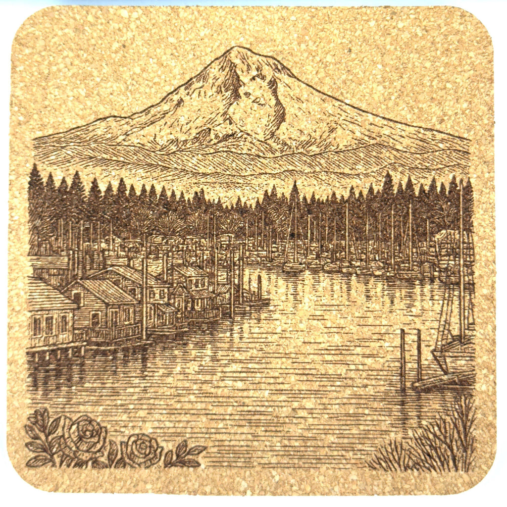 Lakeside Mountain Town Cork Coaster – Northwest Waterfront Scene