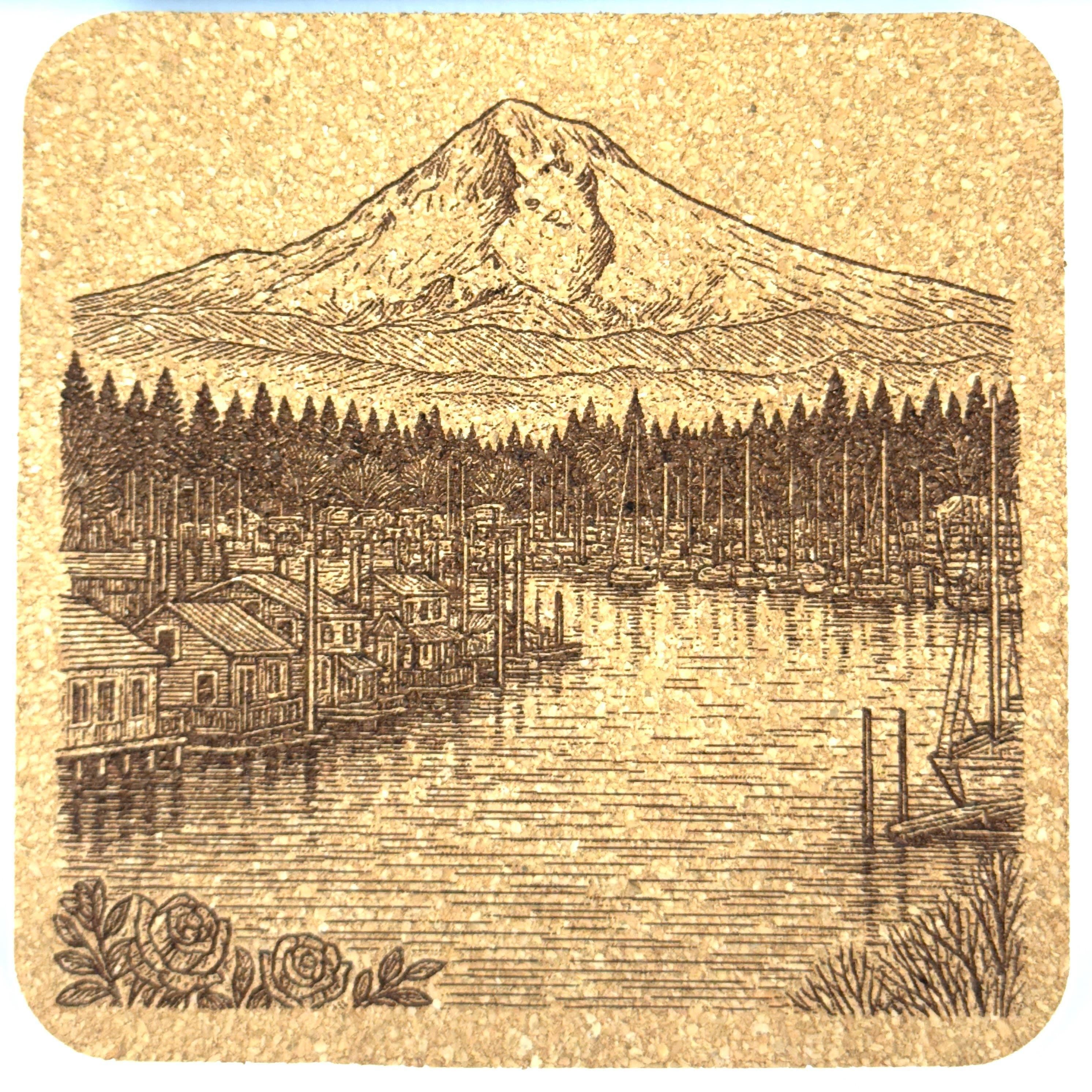 Lakeside Mountain Town Cork Coaster – Northwest Waterfront Scene