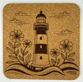 Floral Lighthouse Cork Coaster – Coastal Flowers & Ocean Waves