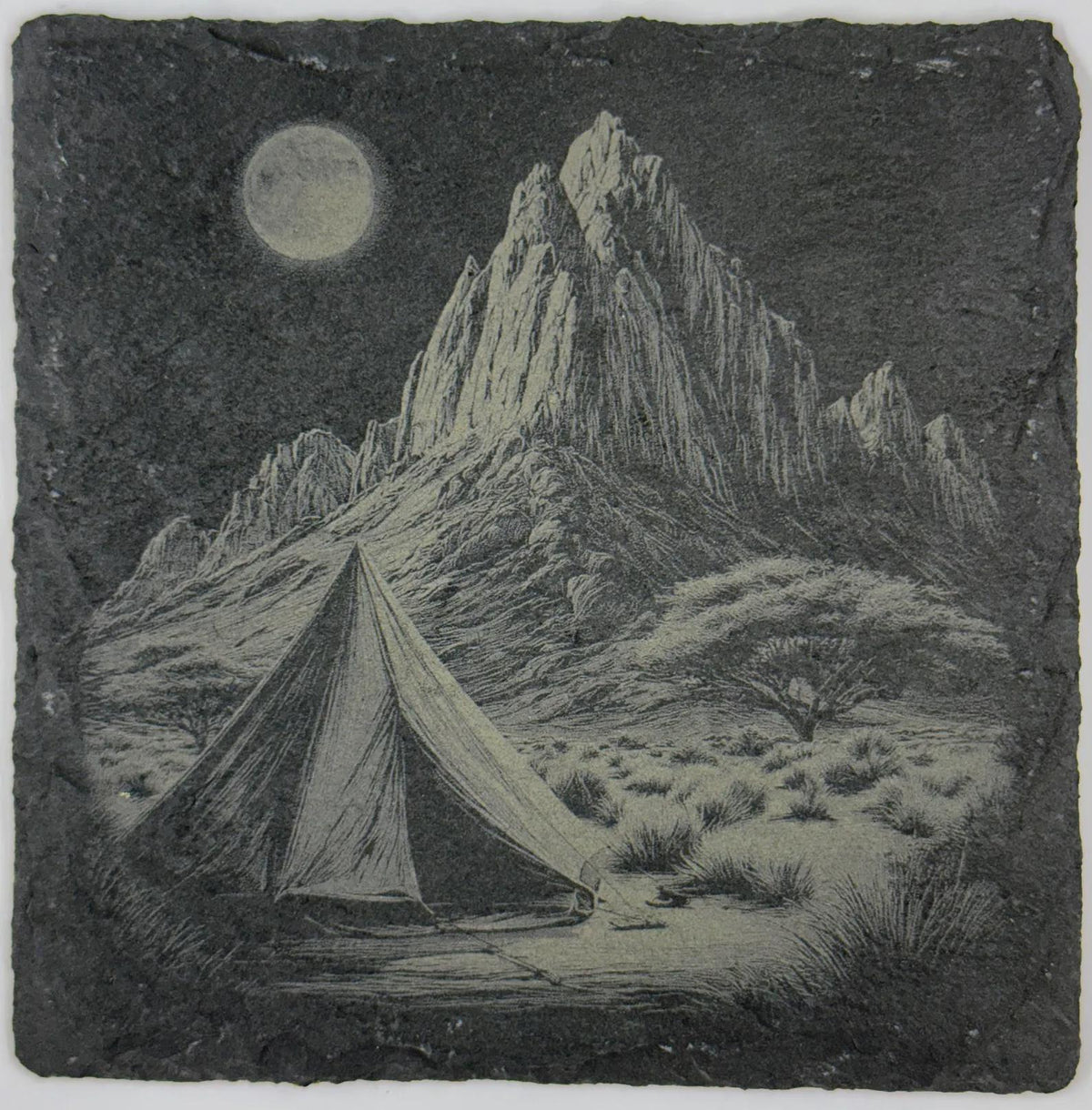 Moonlit Desert Tent Slate Coaster – Mountain Camping Night Scene