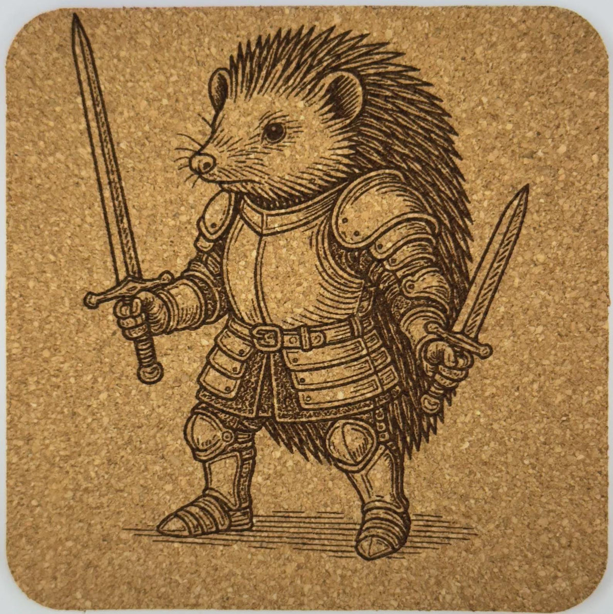 Hedgehog Warrior with Sword and Dagger – Medieval Fantasy Cork Coaster
