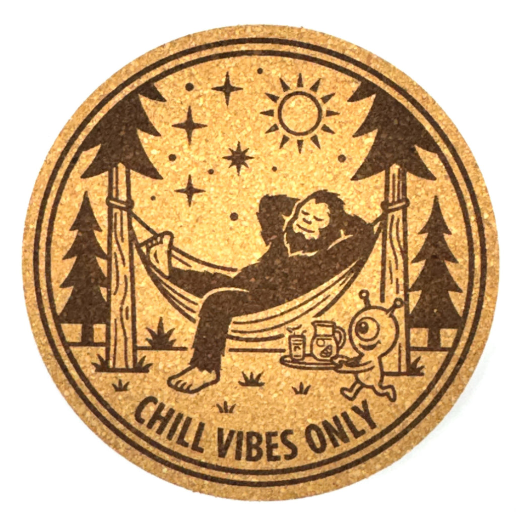 Bigfoot Chill Vibes Coaster, Relaxing Sasquatch Engraved Cork Coaster