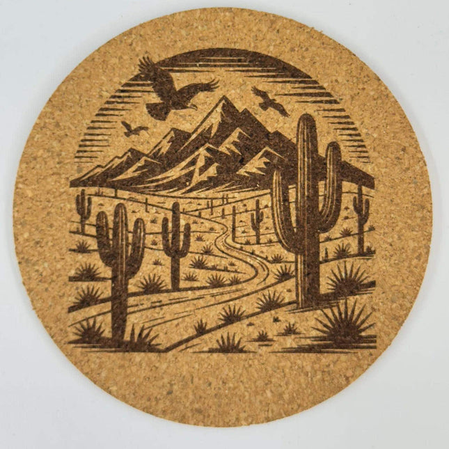 Southwest Landscape Cork Coaster – Cactus & Mountain Illustration
