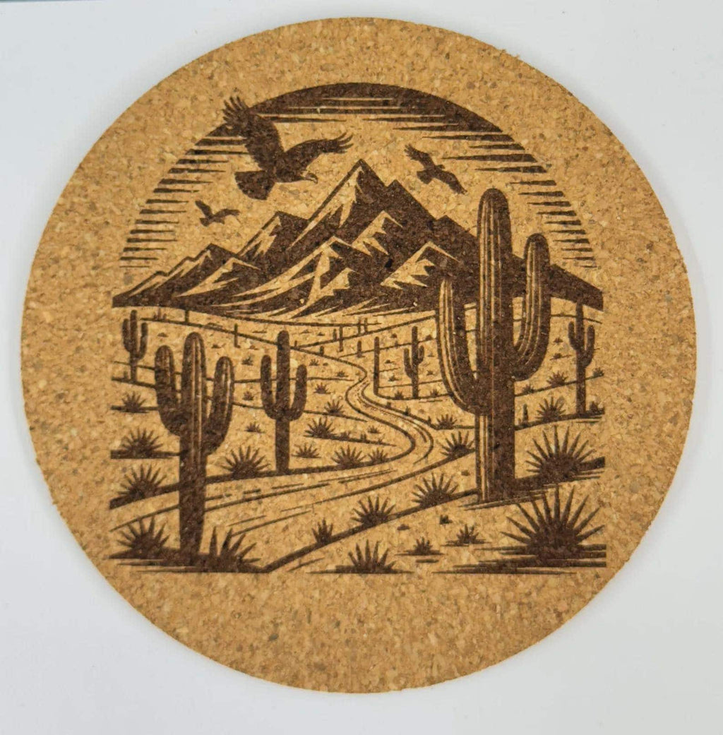 Southwest Landscape Cork Coaster – Cactus & Mountain Illustration