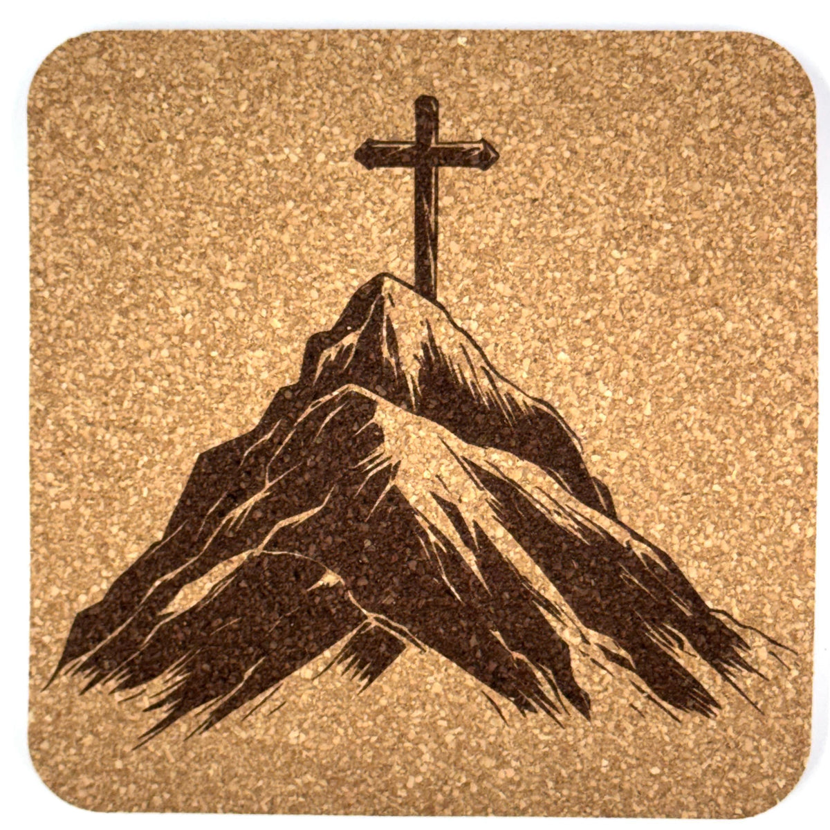 Mountain Peak Cross Laser Engraved Cork Coaster