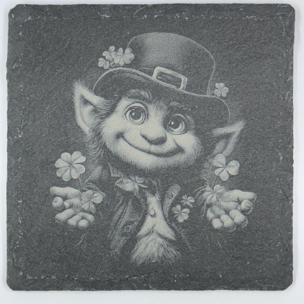Friendly Leprechaun Holding Shamrocks Slate Coaster