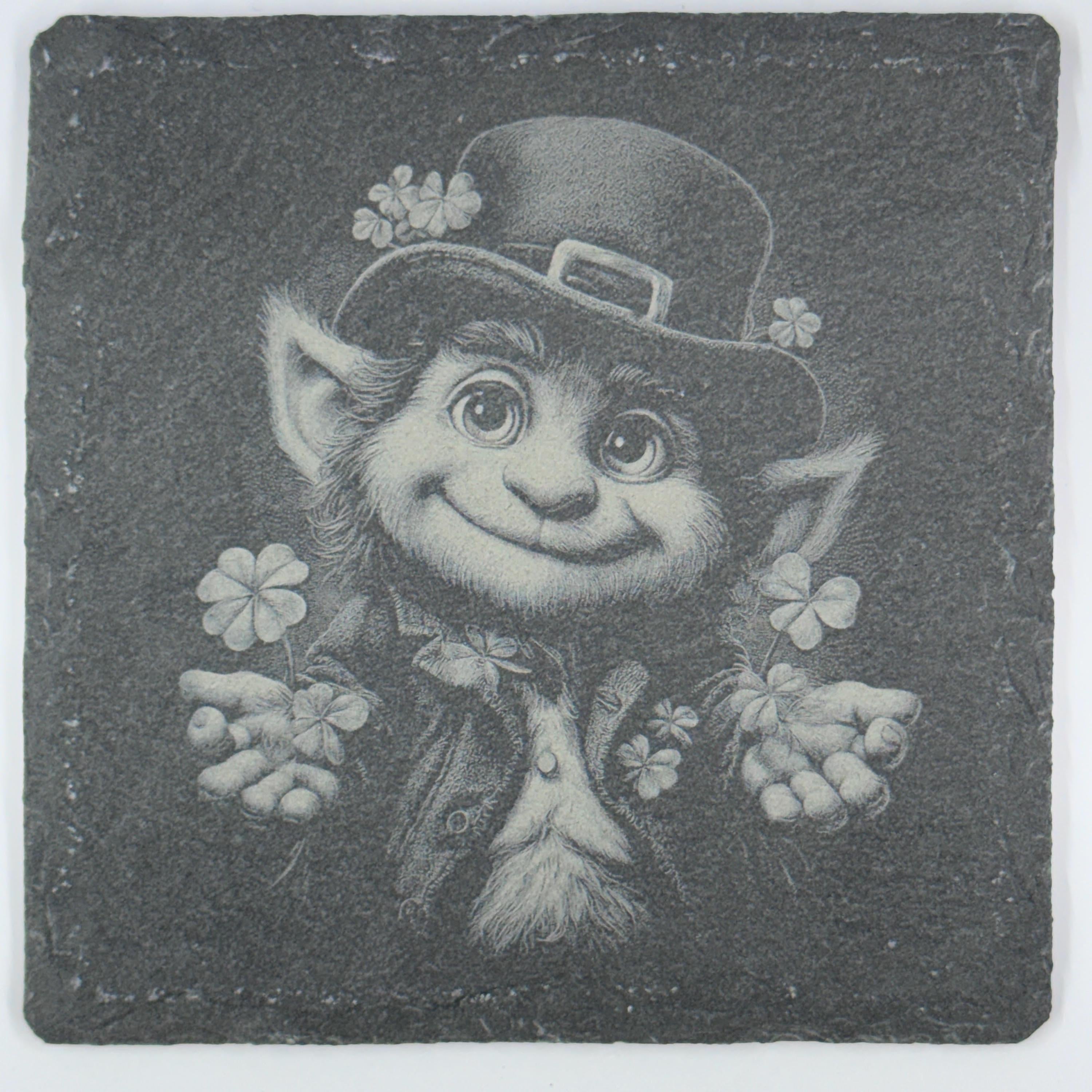 Friendly Leprechaun Holding Shamrocks Slate Coaster