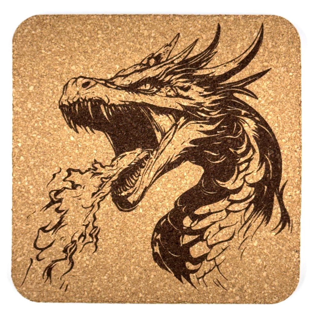 Fire Breathing Dragon Head Square Cork Coaster – Fantasy Art