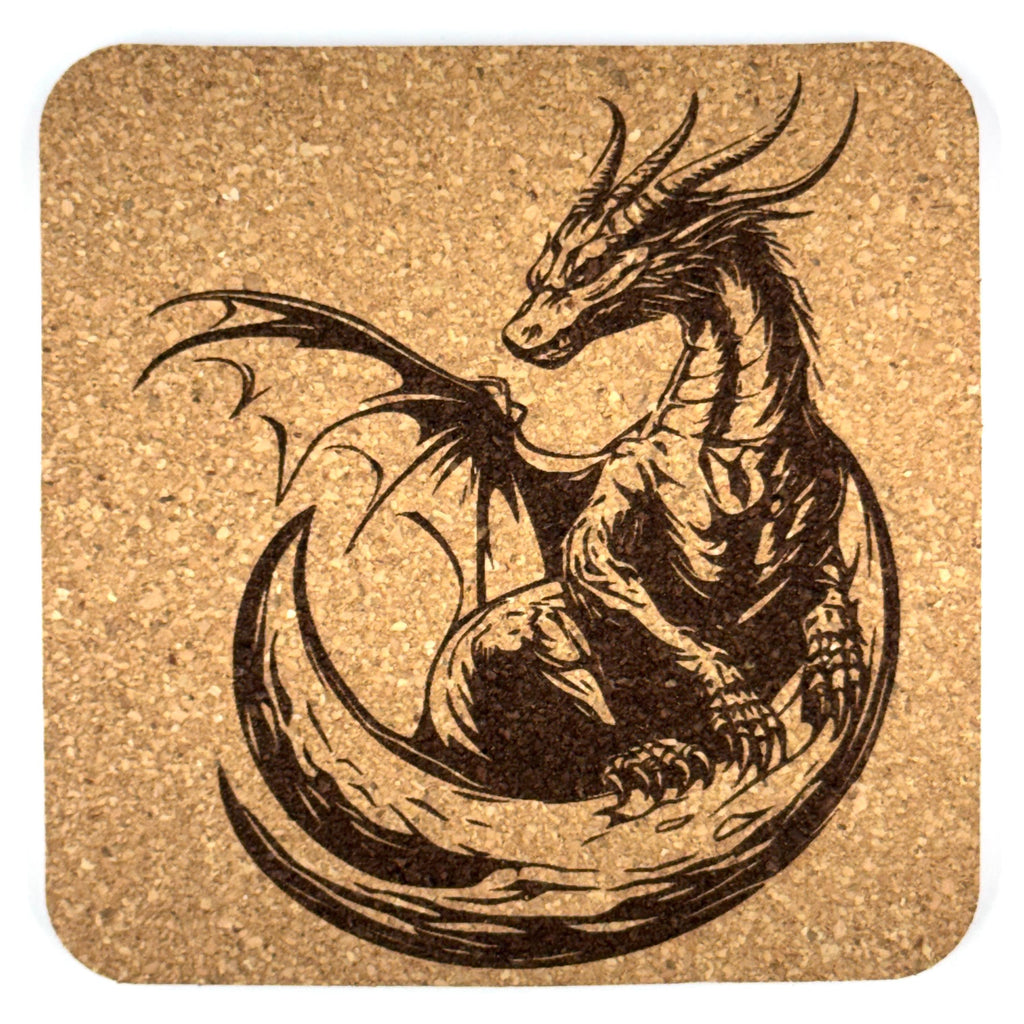 Coiled Watcher Dragon Square Cork Coaster – Fantasy Dragon Art