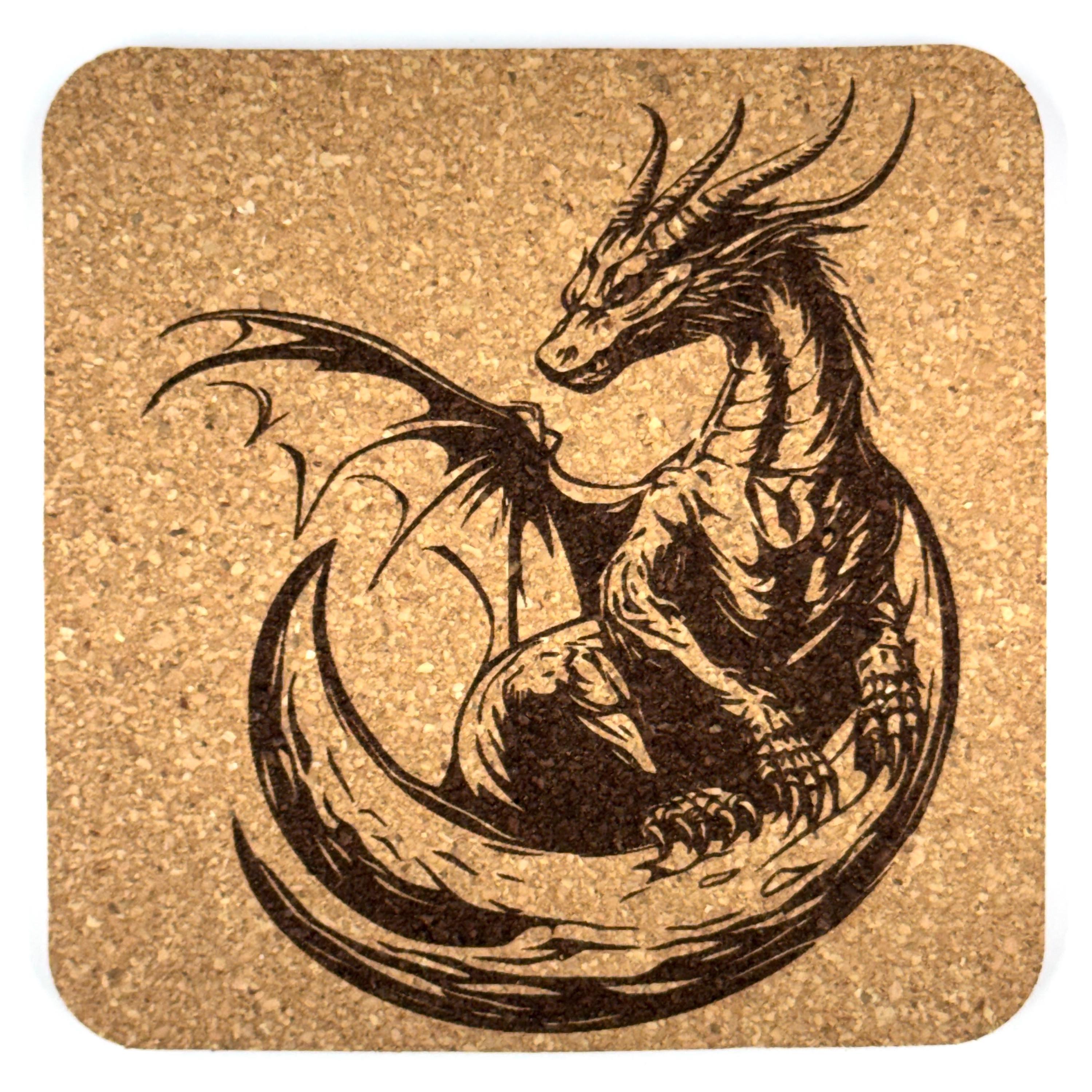 Coiled Watcher Dragon Square Cork Coaster – Fantasy Dragon Art
