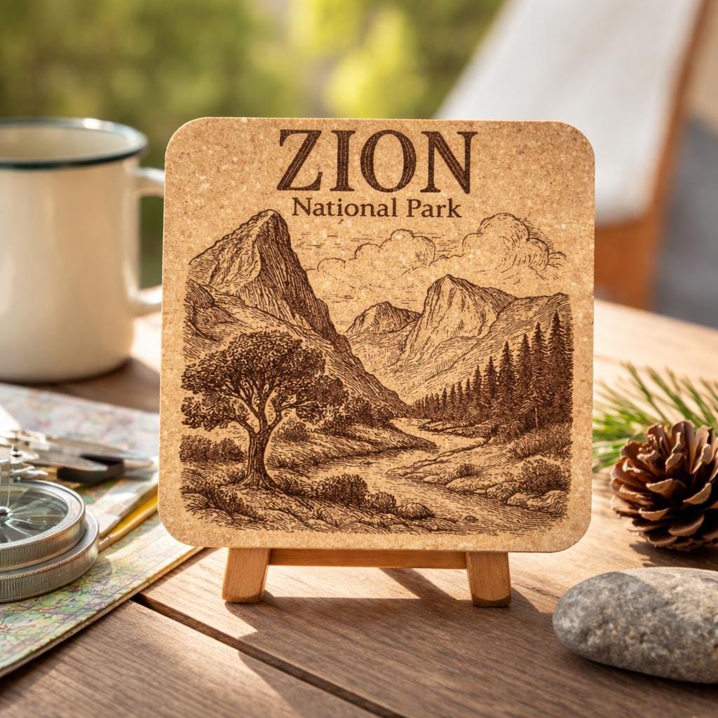 Zion National Park Cork Coaster – Utah Canyon Landscape Engraved Coaster